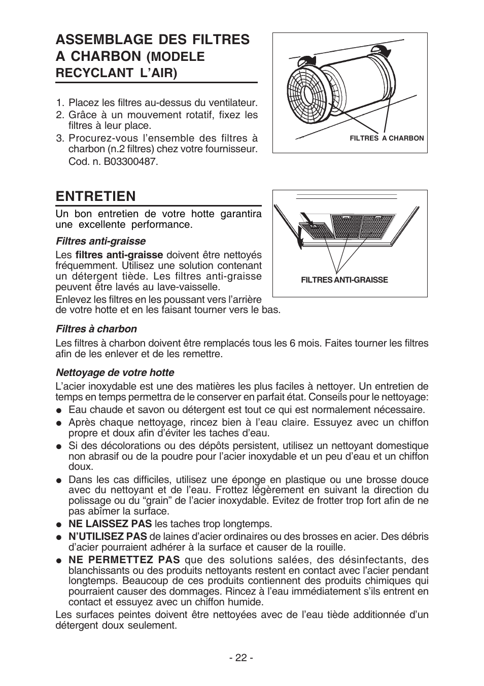 Entretien, Assemblage des filtres a charbon, Modele recyclant l’air) | Best K3139 User Manual | Page 22 / 40