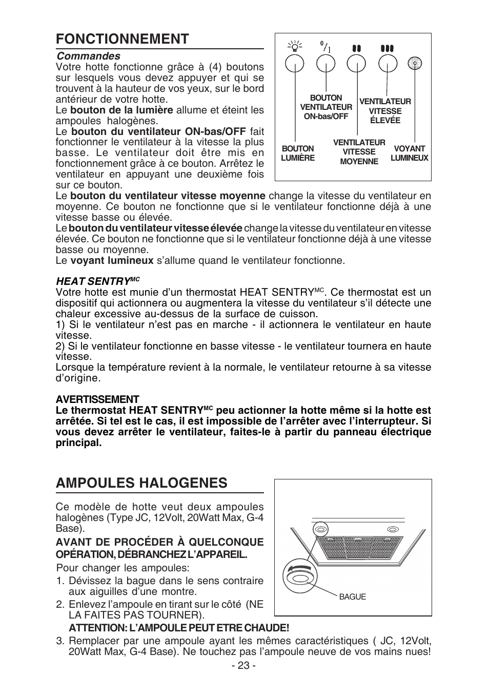 Fonctionnement, Ampoules halogenes | Best K3139 User Manual | Page 23 / 40