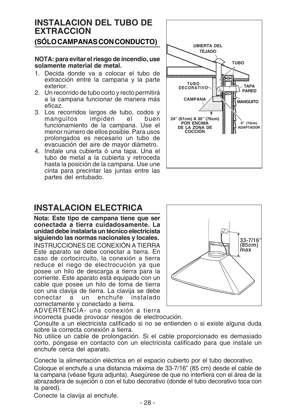 Instalacion del tubo de extraccion, Instalacion electrica | Best K3139 User Manual | Page 28 / 40