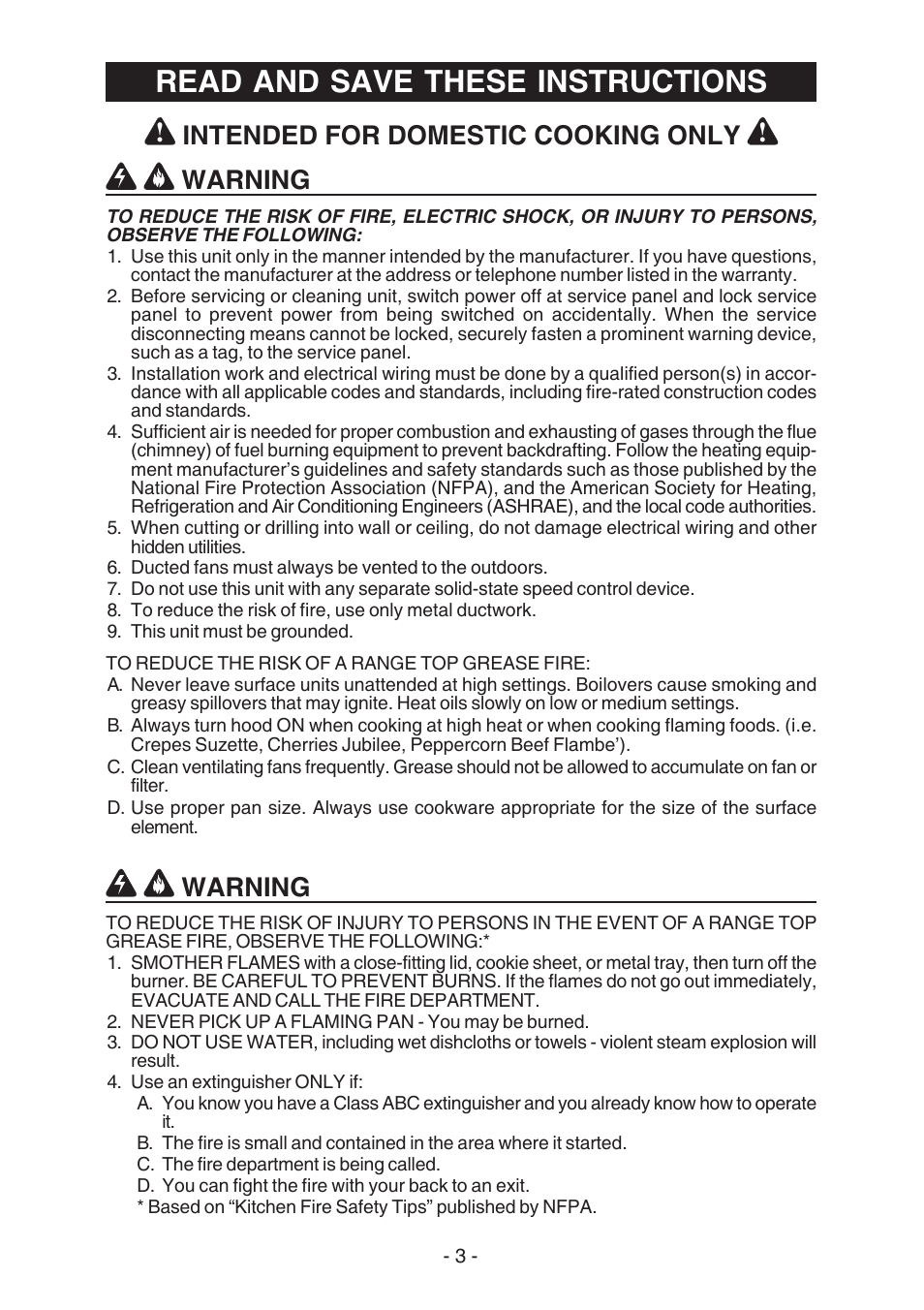 Read and save these instructions, Warning, Intended for domestic cooking only | Best K3139 User Manual | Page 3 / 40