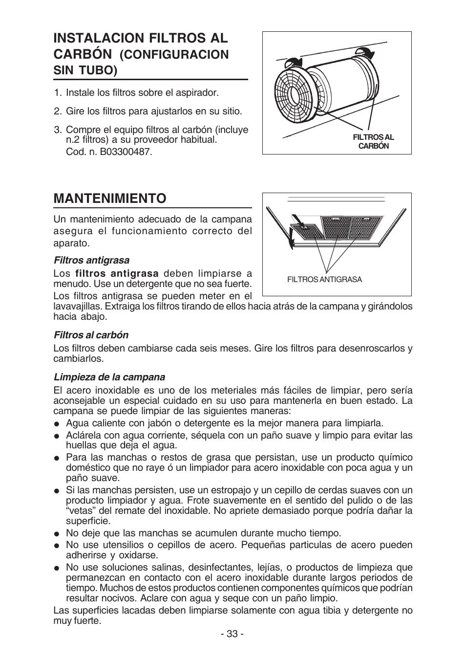 Mantenimiento, Instalacion filtros al carbón, Configuracion sin tubo) | Best K3139 User Manual | Page 33 / 40