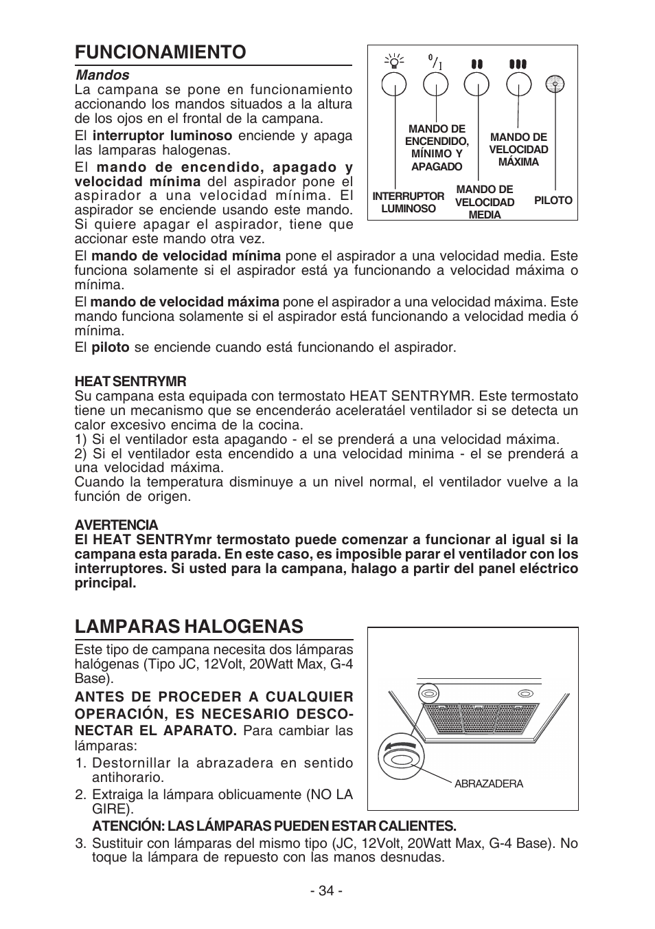 Funcionamiento, Lamparas halogenas | Best K3139 User Manual | Page 34 / 40