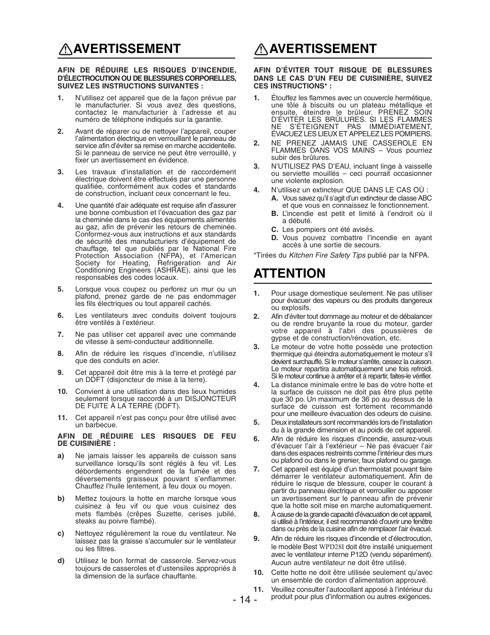 Avertissement, Attention | Best WPD28I User Manual | Page 14 / 36