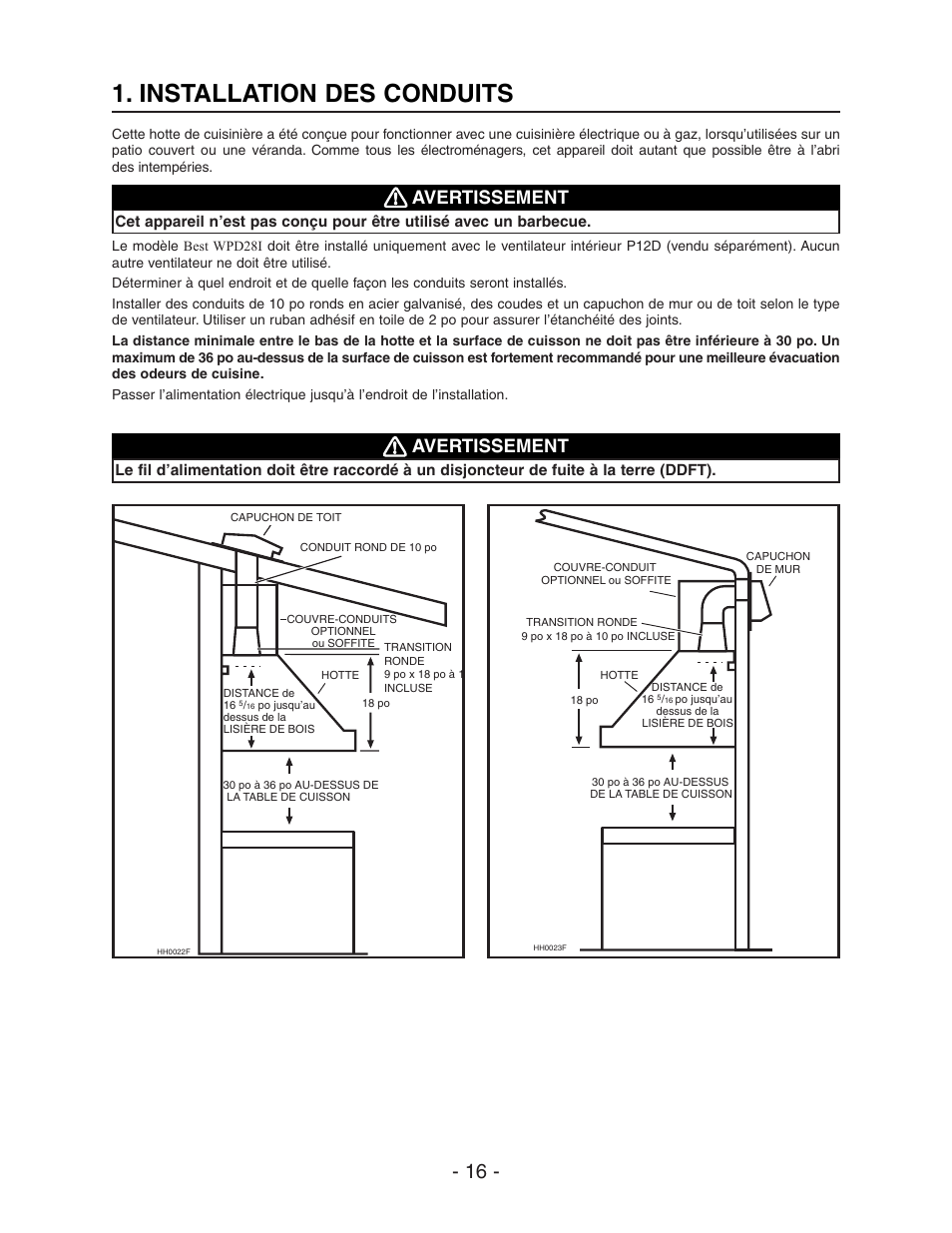 Installation des conduits, Avertissement | Best WPD28I User Manual | Page 16 / 36