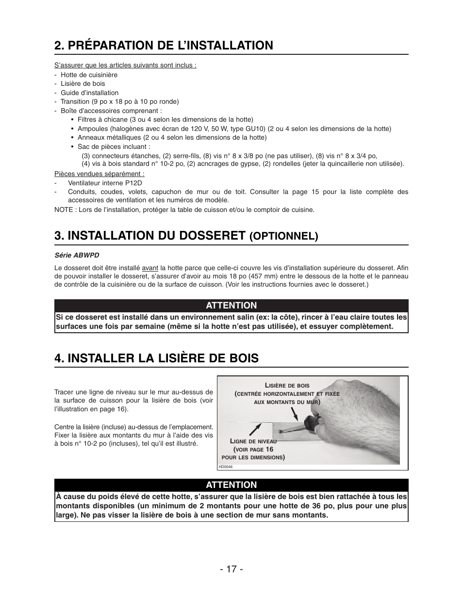 Installer la lisière de bois, Préparation de l’installation, Installation du dosseret | Optionnel) | Best WPD28I User Manual | Page 17 / 36