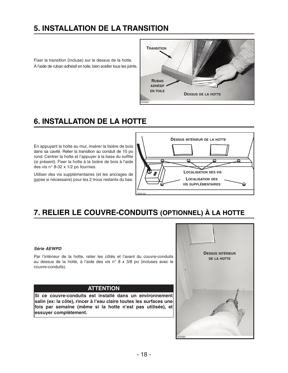 Relier le couvre-conduits, Installation de la hotte, Installation de la transition | Optionnel) à la hotte, Attention | Best WPD28I User Manual | Page 18 / 36