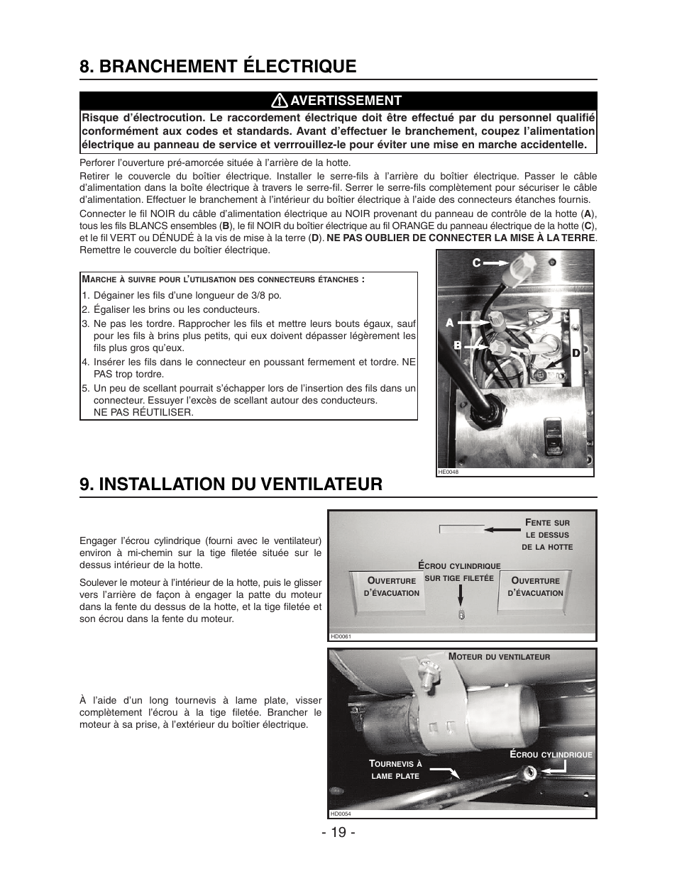 Installation du ventilateur, Branchement électrique, Avertissement | Best WPD28I User Manual | Page 19 / 36