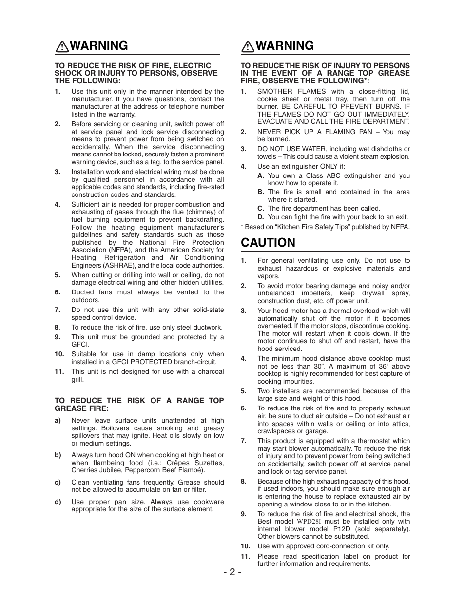 Warning, Caution | Best WPD28I User Manual | Page 2 / 36