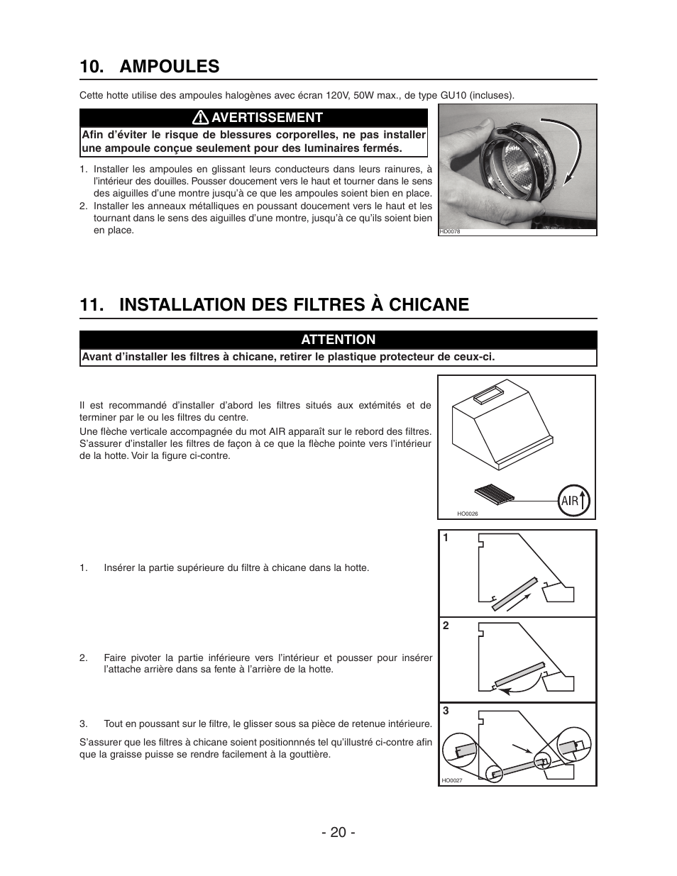 Installation des filtres à chicane, Ampoules | Best WPD28I User Manual | Page 20 / 36