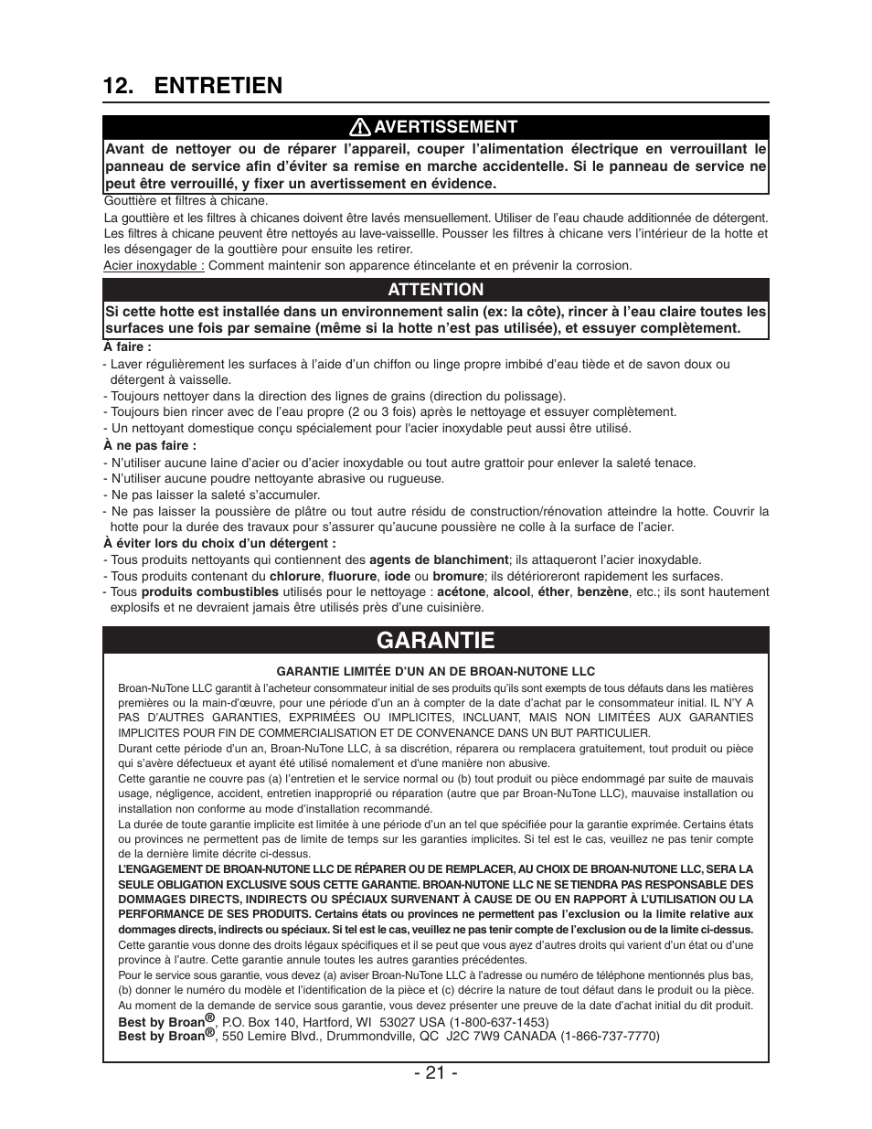 Entretien, Garantie | Best WPD28I User Manual | Page 21 / 36