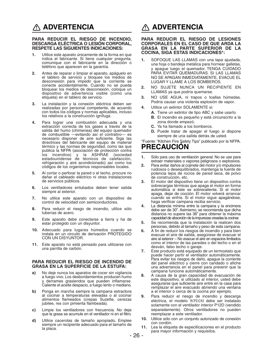 Advertencia, Precaución | Best WPD28I User Manual | Page 26 / 36