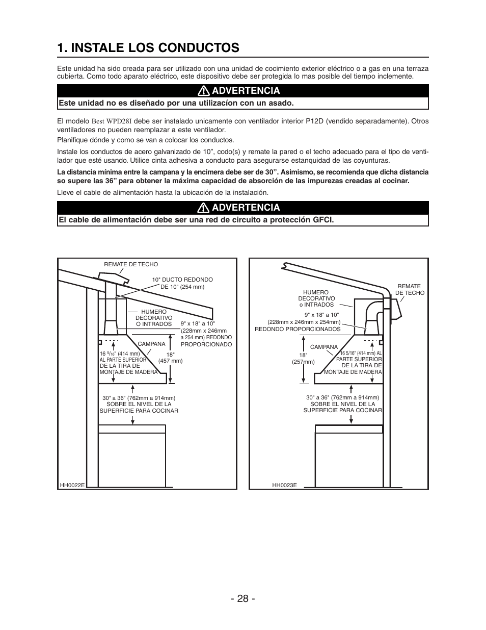 Instale los conductos, Advertencia | Best WPD28I User Manual | Page 28 / 36