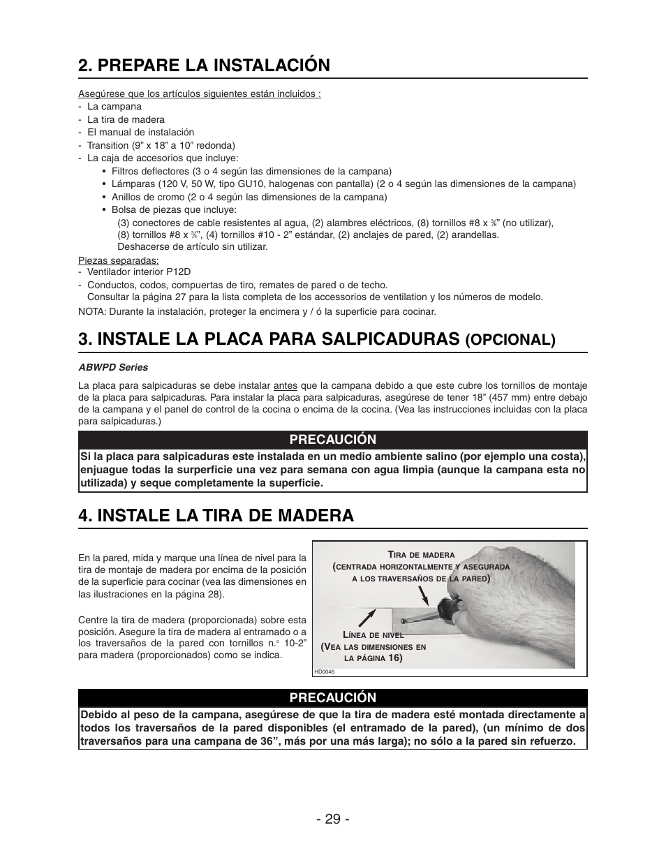 Instale la tira de madera, Prepare la instalación, Instale la placa para salpicaduras | Opcional), Precaución | Best WPD28I User Manual | Page 29 / 36