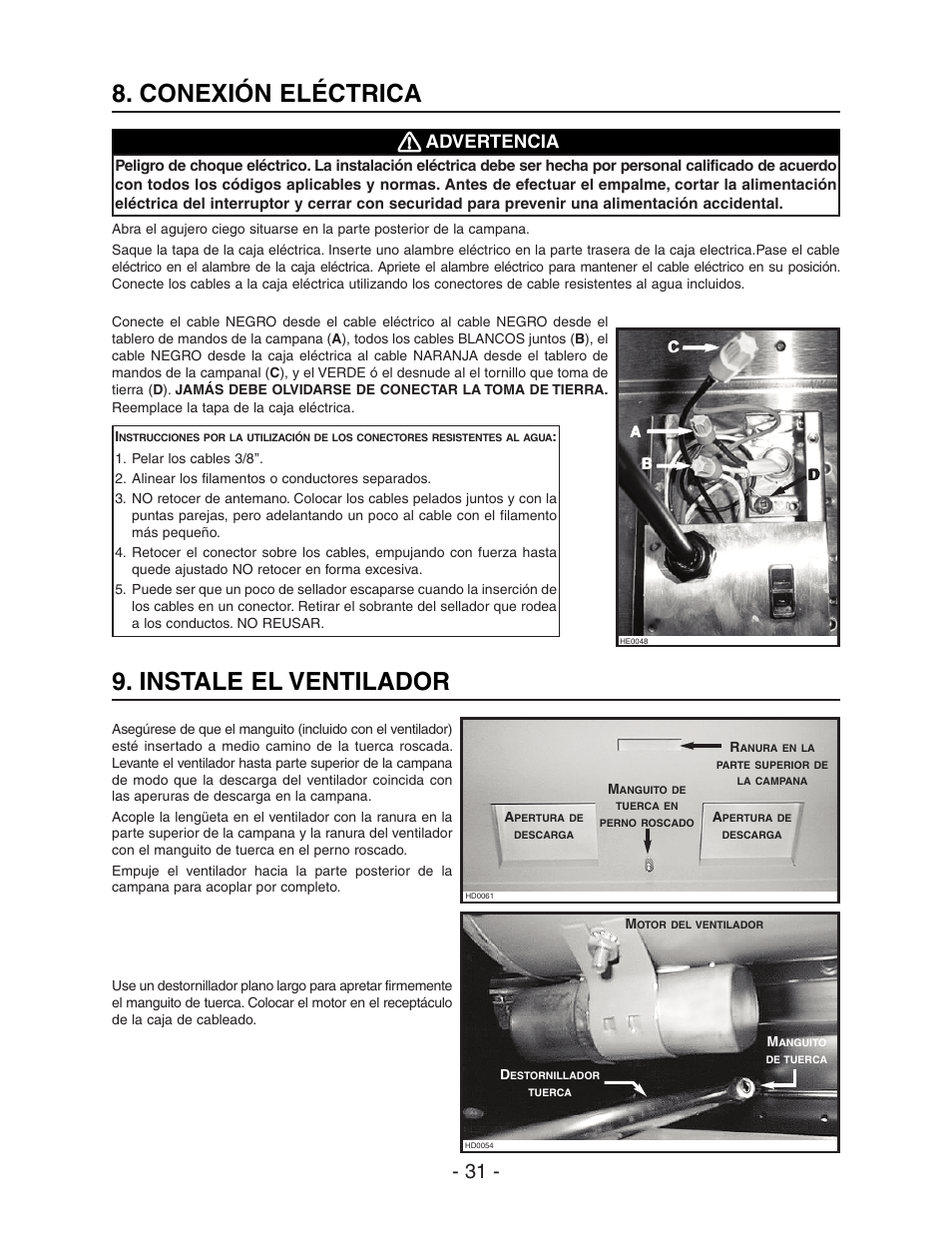 Instale el ventilador, Conexión eléctrica, Advertencia | Best WPD28I User Manual | Page 31 / 36