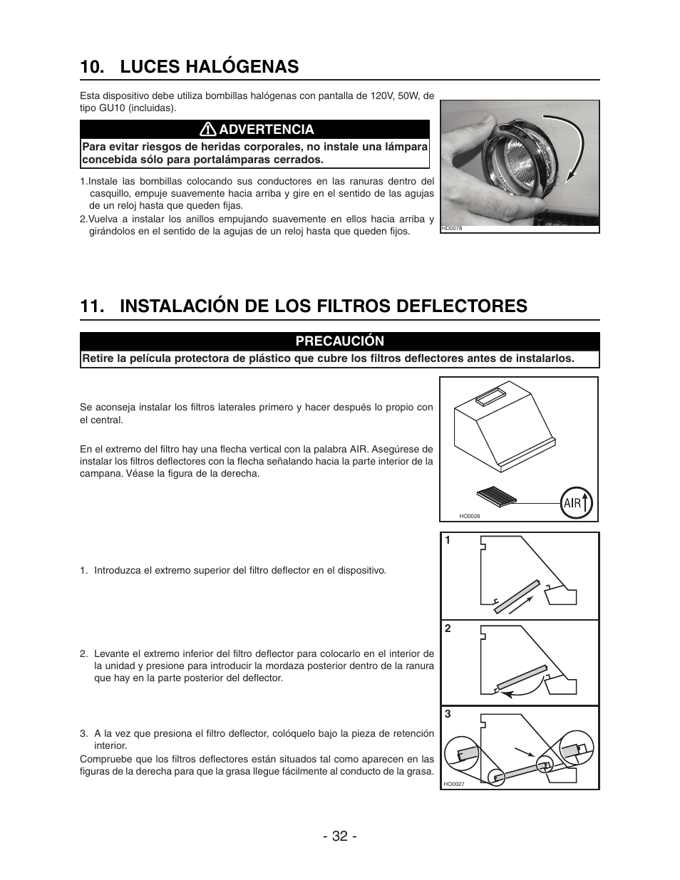 Instalación de los filtros deflectores, Luces halógenas | Best WPD28I User Manual | Page 32 / 36