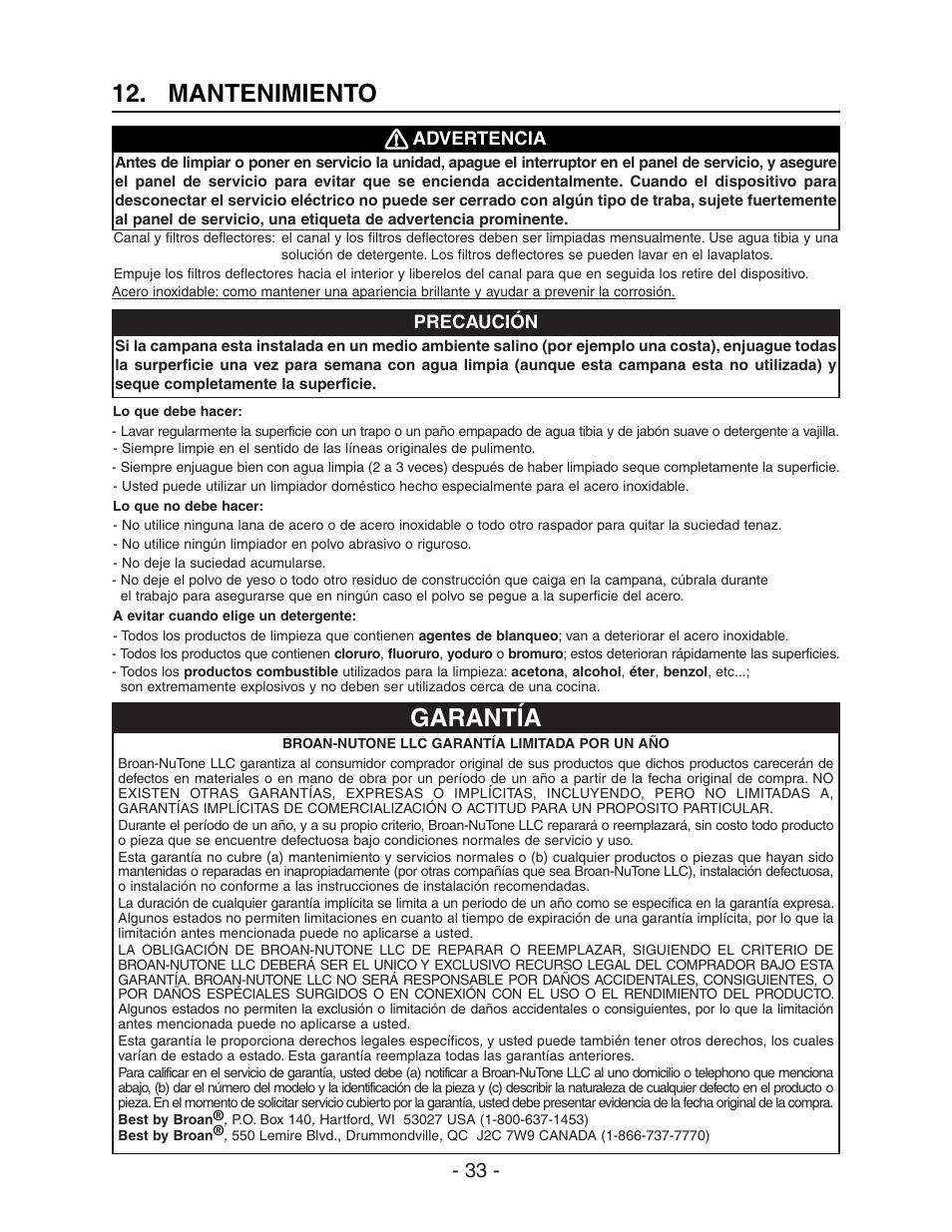 Mantenimiento, Garantía | Best WPD28I User Manual | Page 33 / 36