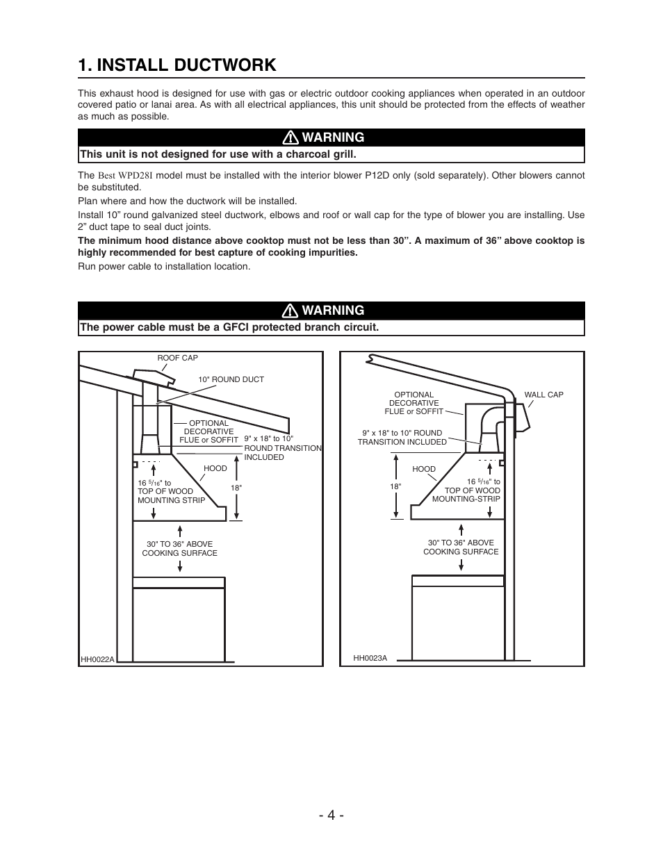 Install ductwork, Warning | Best WPD28I User Manual | Page 4 / 36