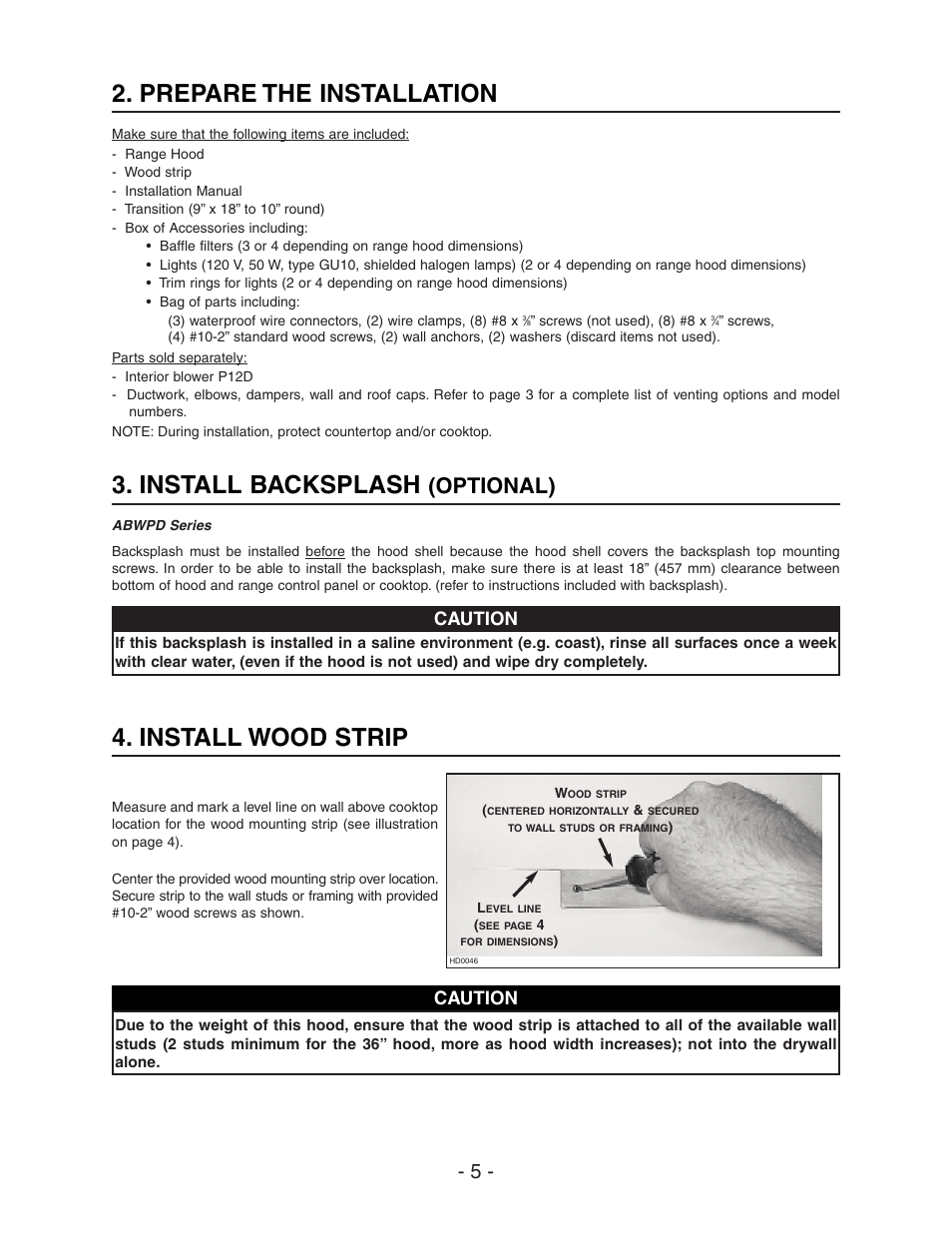 Install wood strip, Prepare the installation, Install backsplash | Optional), Caution | Best WPD28I User Manual | Page 5 / 36