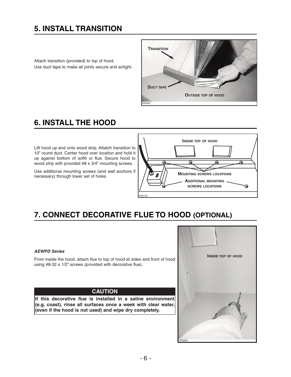 Connect decorative flue to hood, Install the hood, Install transition | Optional), Caution | Best WPD28I User Manual | Page 6 / 36