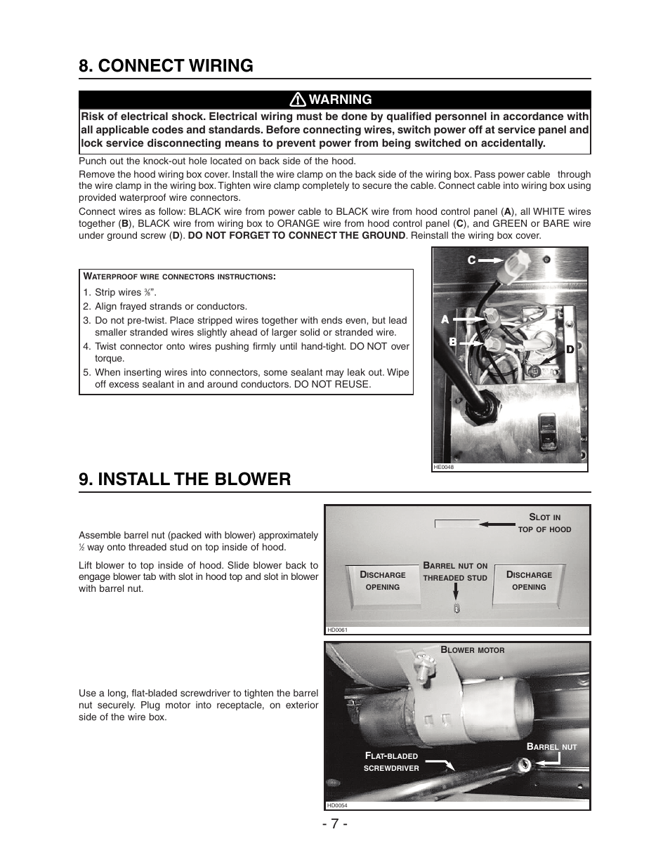 Install the blower, Connect wiring, Warning | Best WPD28I User Manual | Page 7 / 36