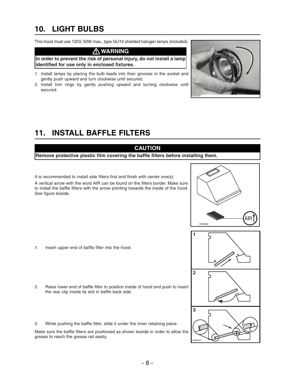 Install baffle filters, Light bulbs | Best WPD28I User Manual | Page 8 / 36