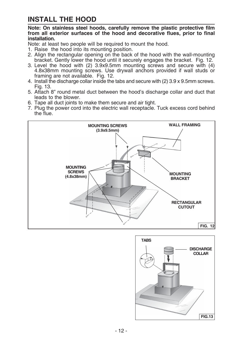 Install the hood | Best WC26E User Manual | Page 12 / 44