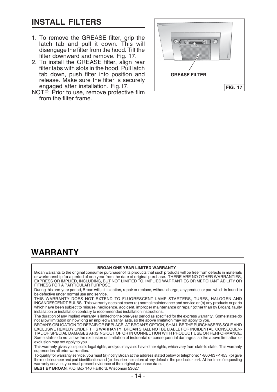 Warranty, Install filters | Best WC26E User Manual | Page 14 / 44