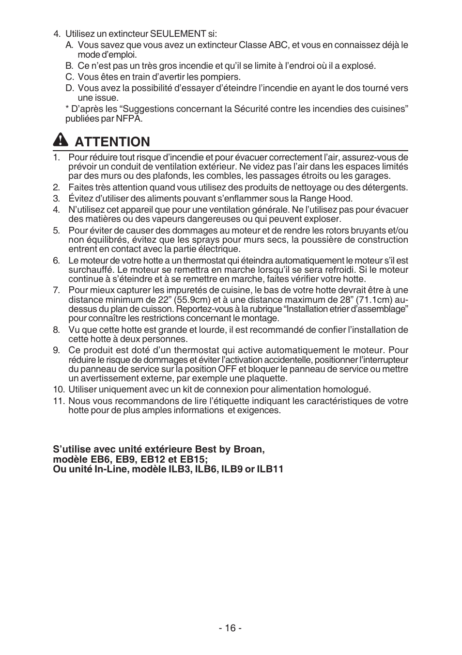 Attention | Best WC26E User Manual | Page 16 / 44