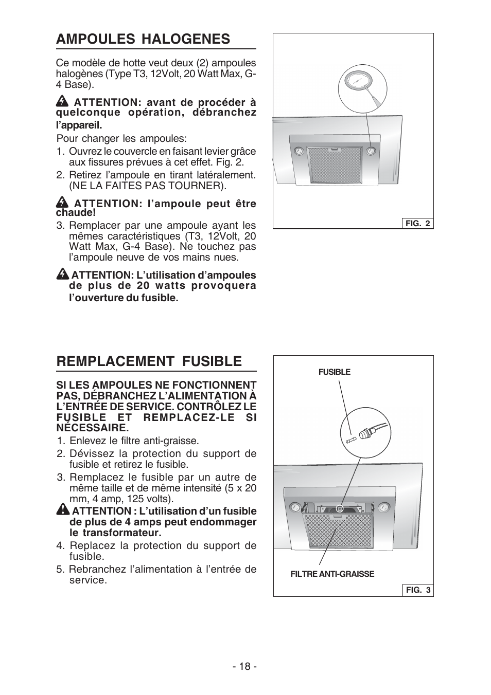 Ampoules halogenes, Remplacement fusible | Best WC26E User Manual | Page 18 / 44