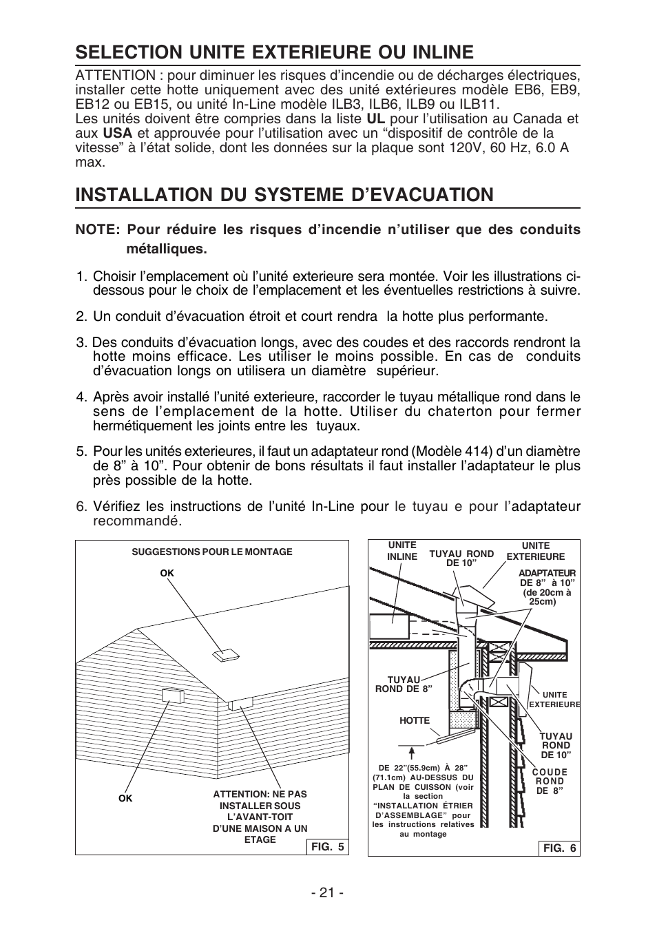 Installation du systeme d’evacuation, Selection unite exterieure ou inline | Best WC26E User Manual | Page 21 / 44