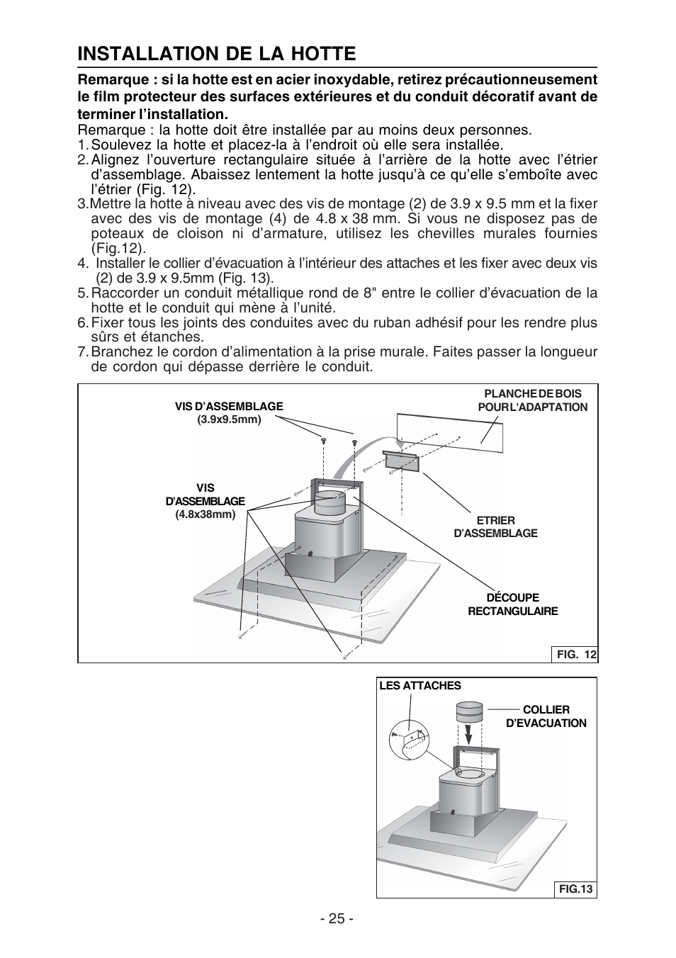 Installation de la hotte | Best WC26E User Manual | Page 25 / 44