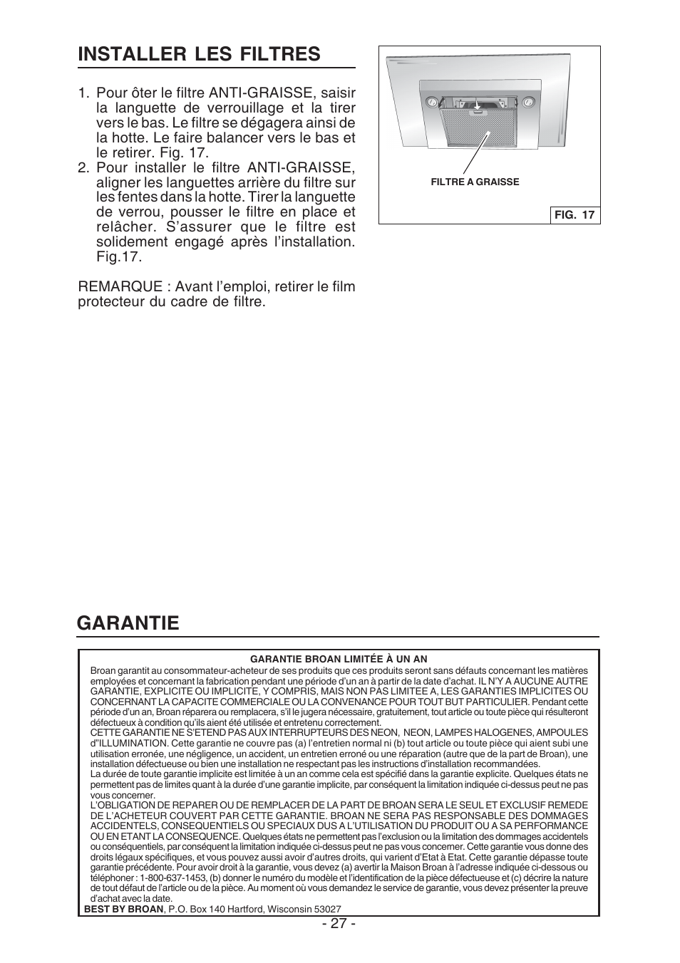 Garantie installer les filtres | Best WC26E User Manual | Page 27 / 44