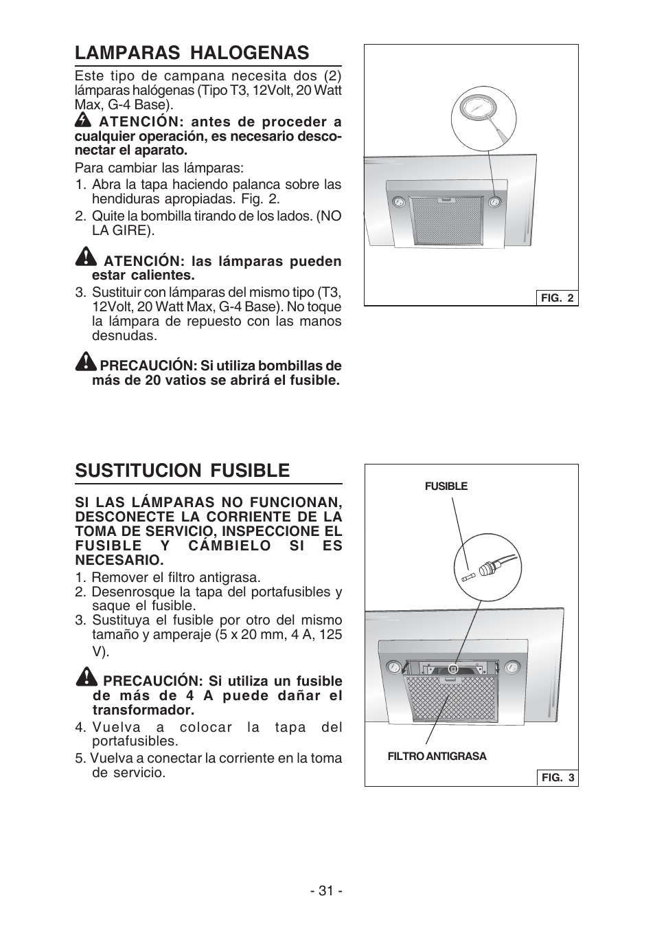 Sustitucion fusible, Lamparas halogenas | Best WC26E User Manual | Page 31 / 44