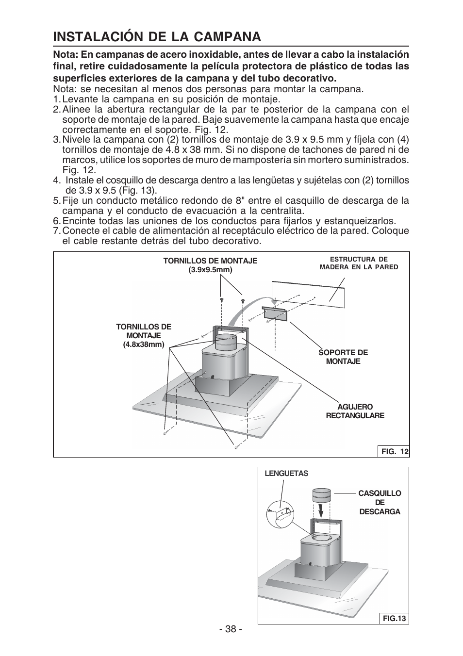 Instalación de la campana | Best WC26E User Manual | Page 38 / 44