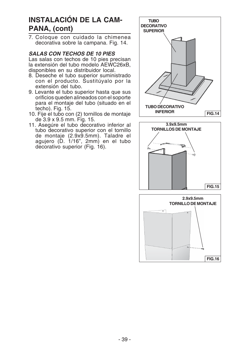 Instalación de la cam- pana, (cont) | Best WC26E User Manual | Page 39 / 44