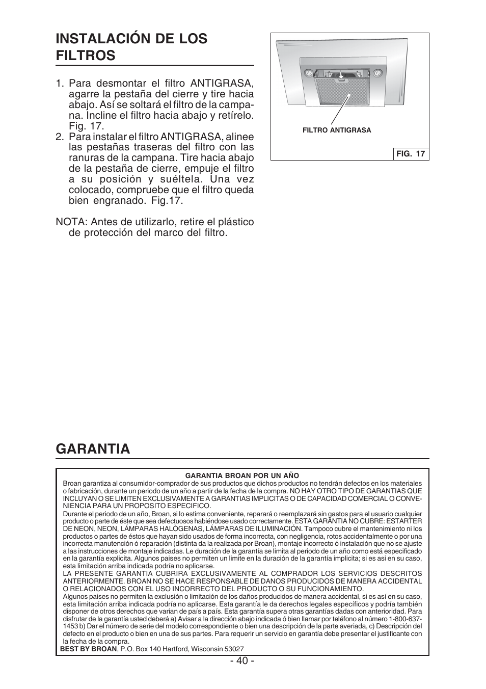 Garantia instalación de los filtros | Best WC26E User Manual | Page 40 / 44