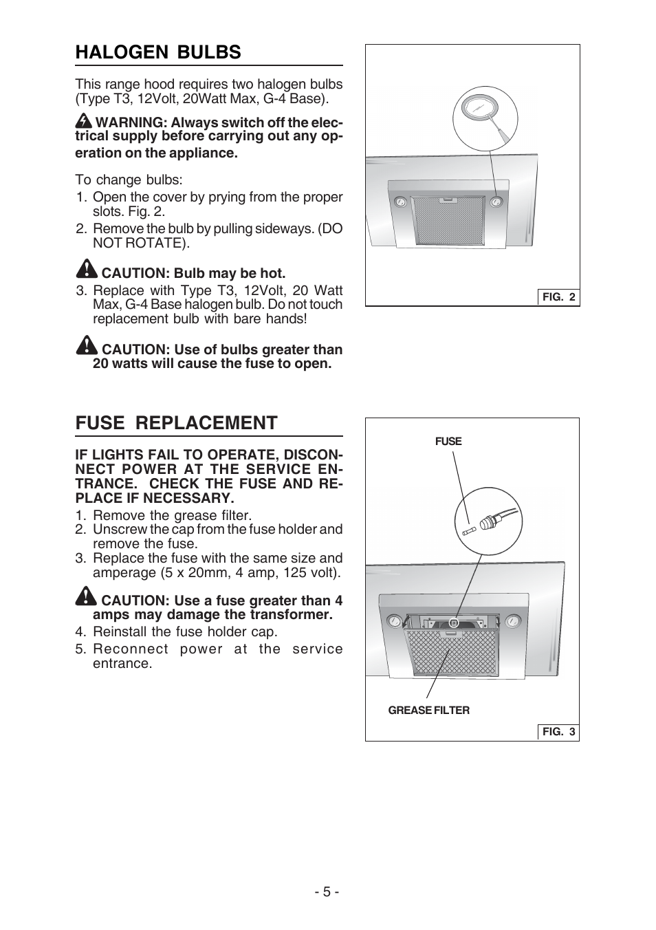 Fuse replacement, Halogen bulbs | Best WC26E User Manual | Page 5 / 44