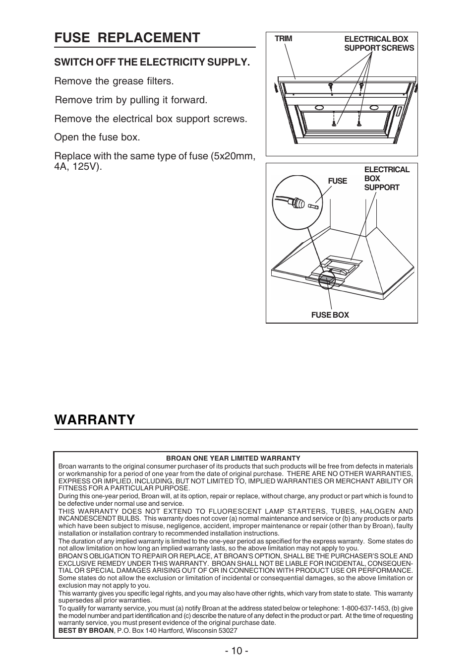 Fuse replacement, Warranty | Best K42 User Manual | Page 10 / 32