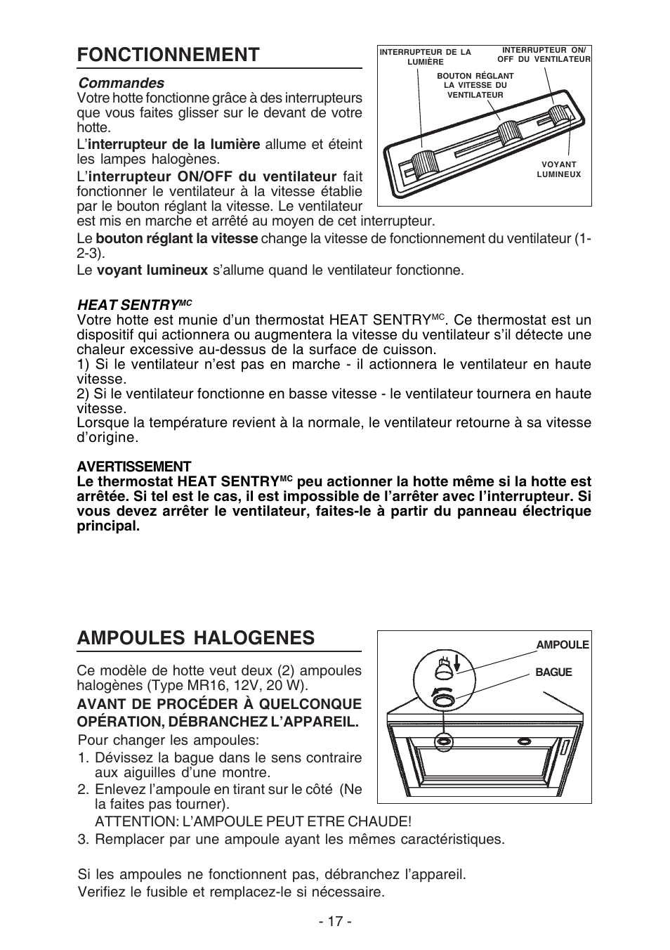 Fonctionnement, Ampoules halogenes | Best K42 User Manual | Page 17 / 32