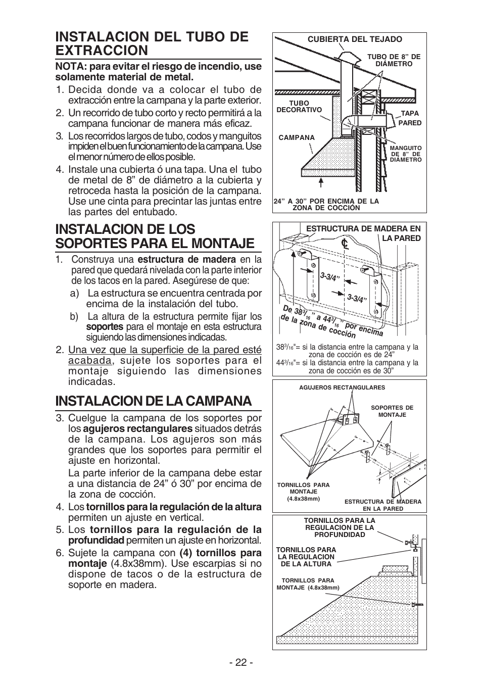 Instalacion del tubo de extraccion, Instalacion de los soportes para el montaje, Instalacion de la campana | Best K42 User Manual | Page 22 / 32