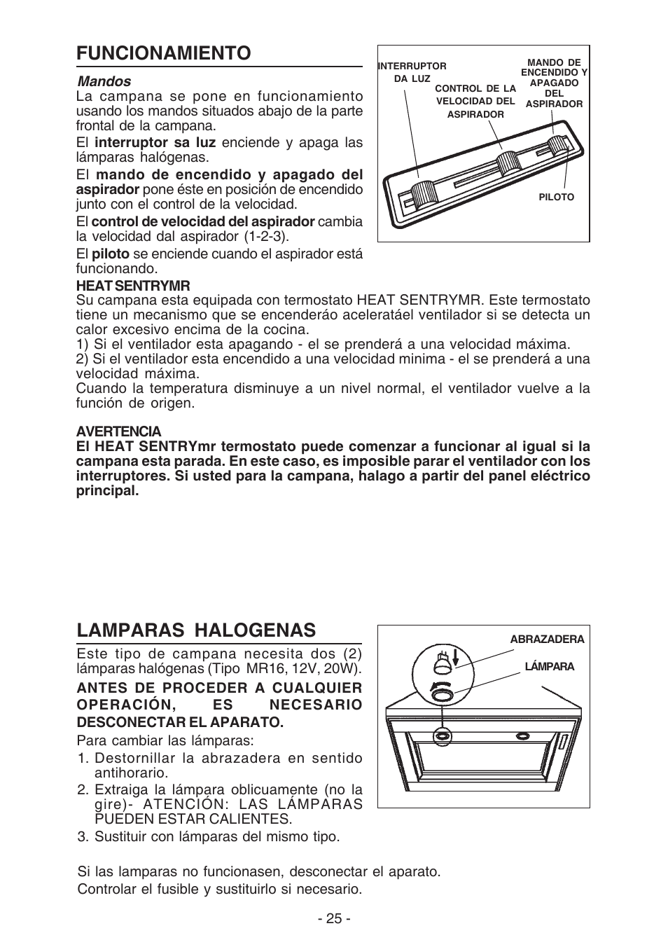 Funcionamiento, Lamparas halogenas | Best K42 User Manual | Page 25 / 32