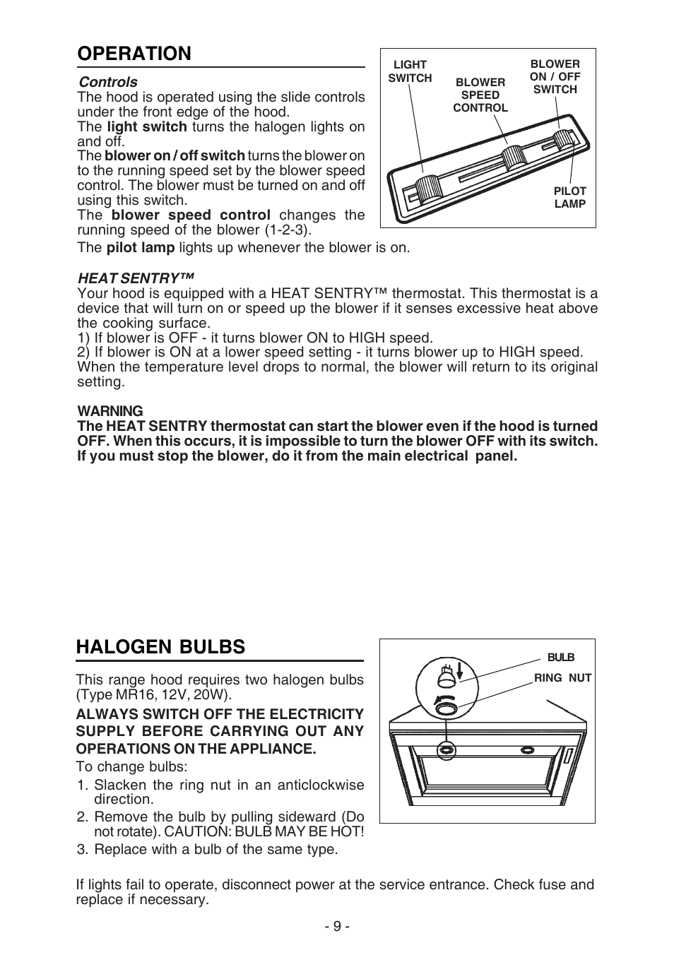 Operation, Halogen bulbs | Best K42 User Manual | Page 9 / 32