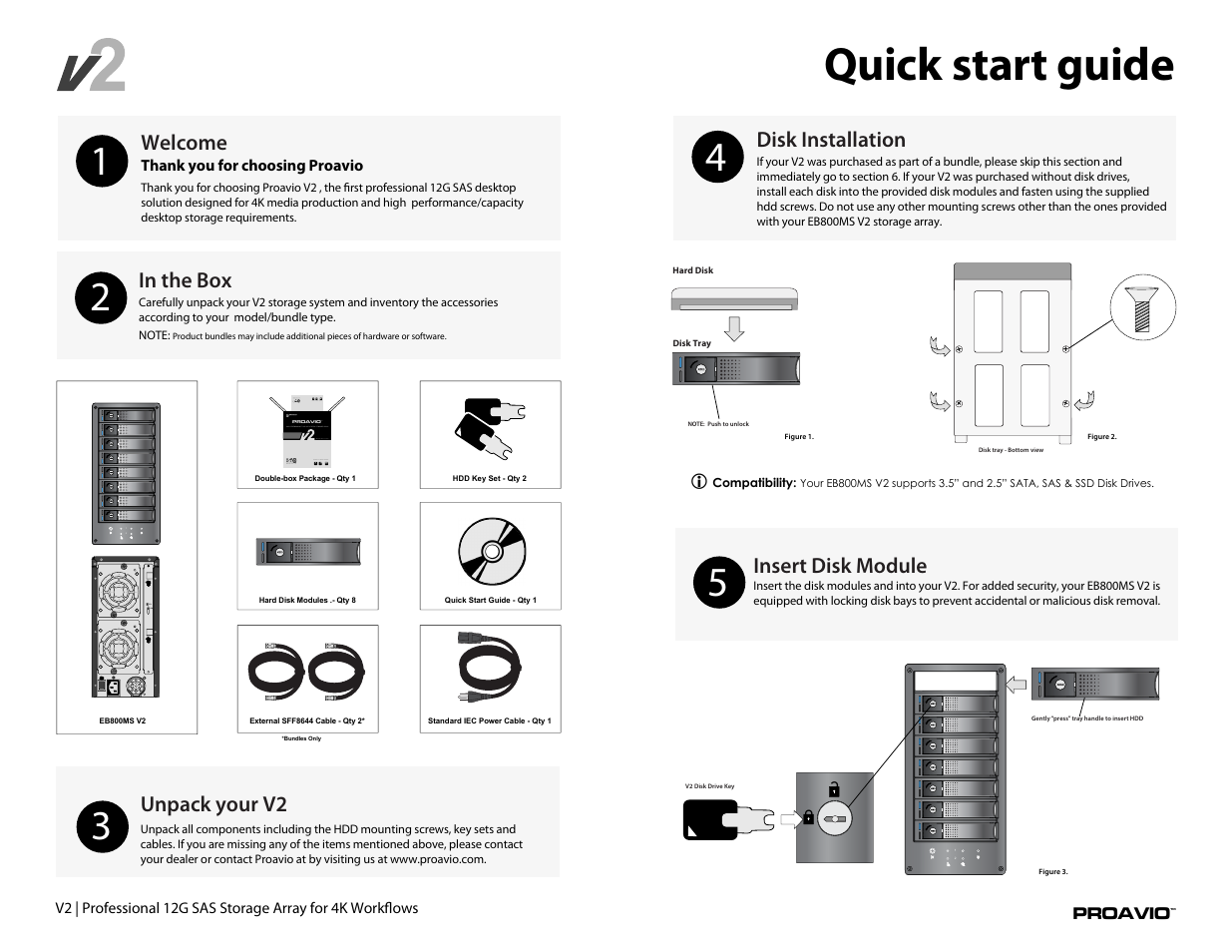 Quick start guide, Unpack your v2 welcome, Disk installation | Insert disk module | Proavio EB800MSv2 User Manual | Page 2 / 7