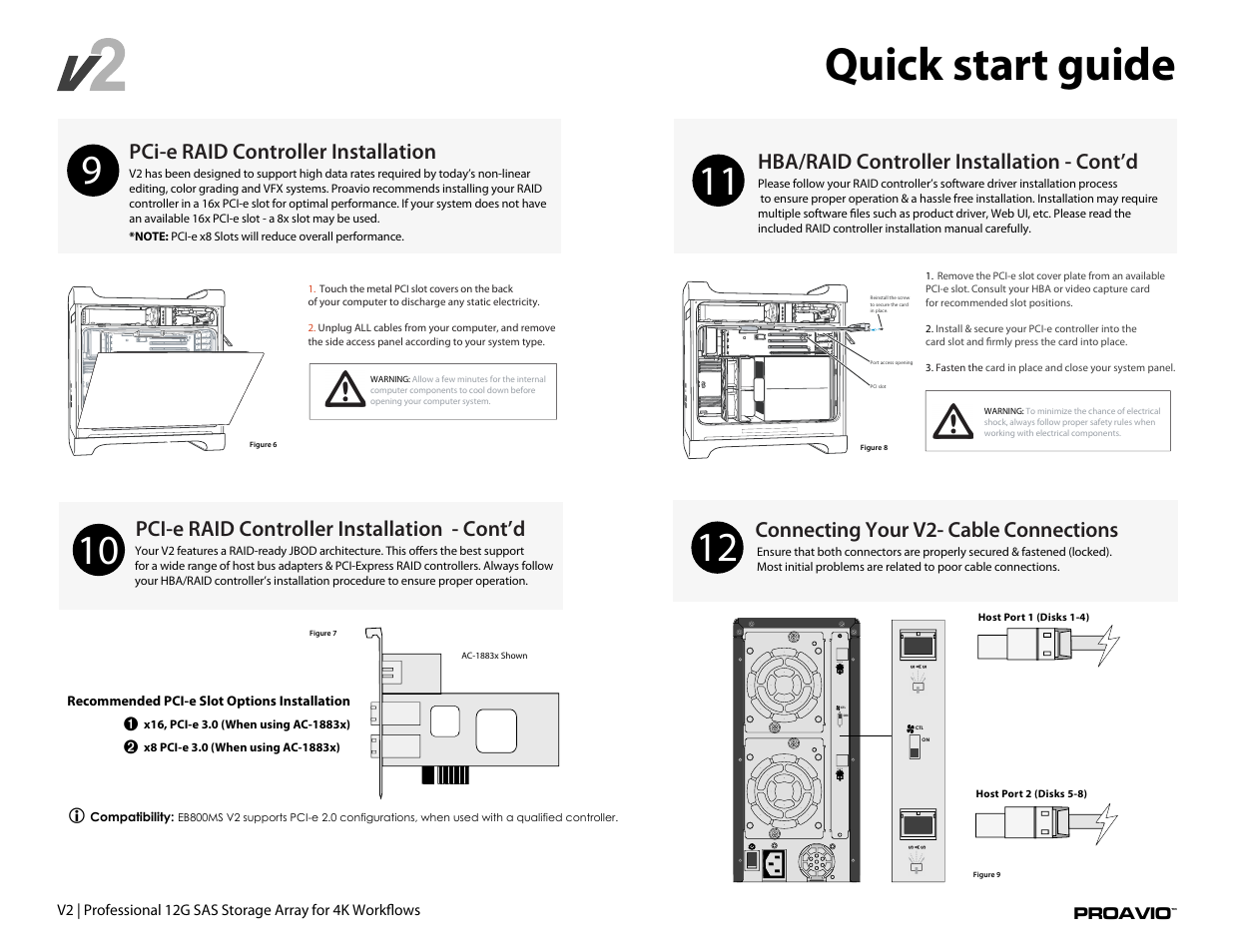 Quick start guide, Hba/raid controller installation - cont’d, Pci-e raid controller installation | Connecting your v2- cable connections, Pci-e raid controller installation - cont’d | Proavio EB800MSv2 User Manual | Page 4 / 7