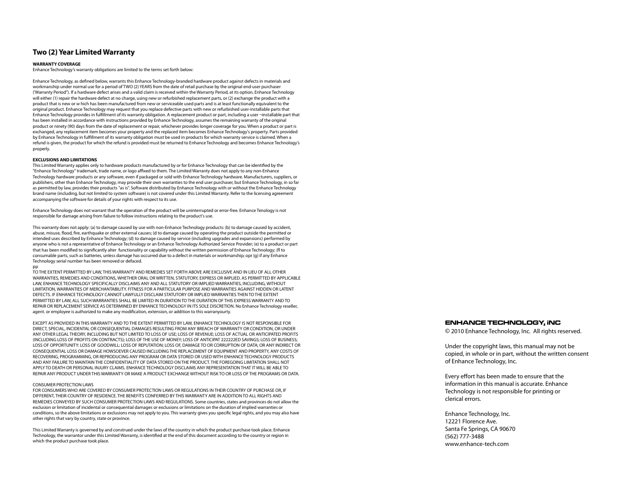 Two (2) year limited warranty | Proavio EB400FR User Manual | Page 6 / 6