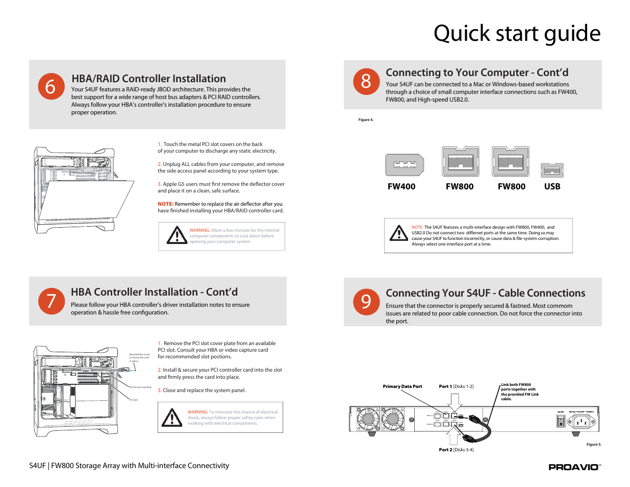 S4uf, Quick start guide, Connecting to your computer - cont’d | Hba/raid controller installation, Hba controller installation - cont’d, Connecting your s4uf - cable connections | Proavio S4UF User Manual | Page 3 / 5