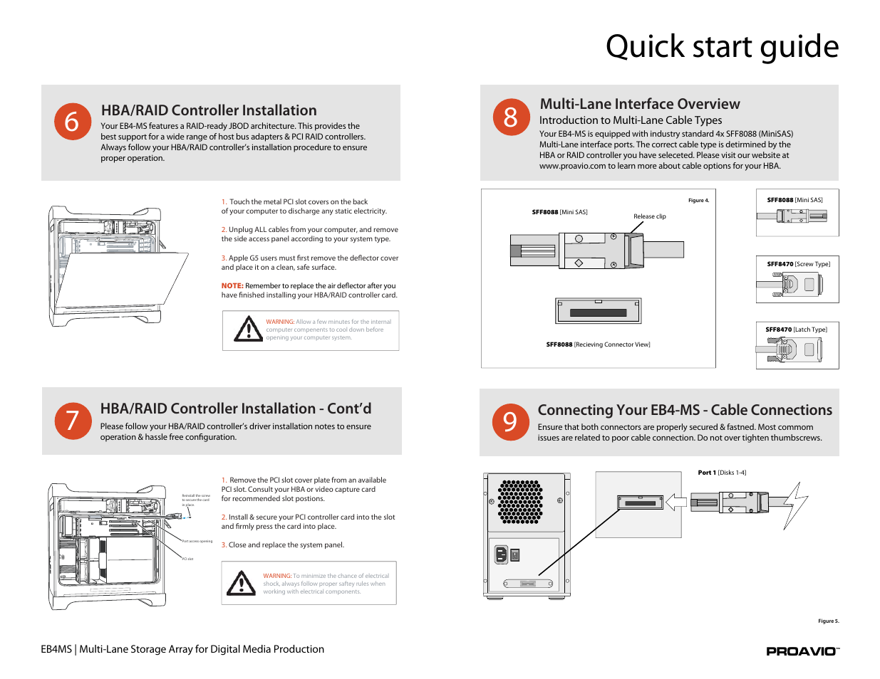Eb4ms, Quick start guide, Hba/raid controller installation | Hba/raid controller installation - cont’d, Multi-lane interface overview, Connecting your eb4-ms - cable connections | Proavio EB4MS User Manual | Page 3 / 5