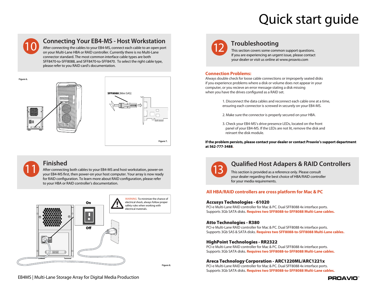 Eb4ms, Quick start guide, Connecting your eb4-ms - host workstation | Finished, Qualified host adapers & raid controllers, Troubleshooting | Proavio EB4MS User Manual | Page 4 / 5