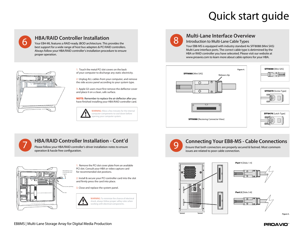 Eb8ms, Quick start guide, Hba/raid controller installation | Hba/raid controller installation - cont’d, Multi-lane interface overview, Connecting your eb8-ms - cable connections, Full r a nge disks 1-4 d isks 5-8 | Proavio EB8MS User Manual | Page 3 / 6