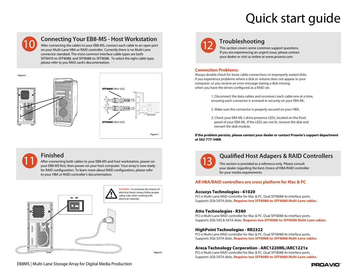 Eb8ms, Quick start guide, Qualified host adapers & raid controllers | Troubleshooting, Connecting your eb8-ms - host workstation, Finished | Proavio EB8MS User Manual | Page 4 / 6